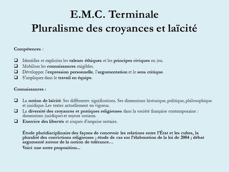 E.M.C. Terminale Pluralisme des croyances et laïcité
