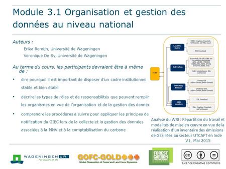 Module 3.1 Organisation et gestion des données au niveau national Matériels de formation à REDD+ mis au point par GOFC-GOLD, Université de Wageningen,