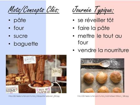 Mots/Concepts Clés: pâte four sucre baguette Journée Typique: se réveiller tôt faire la pâte mettre le tout au four vendre la nourriture