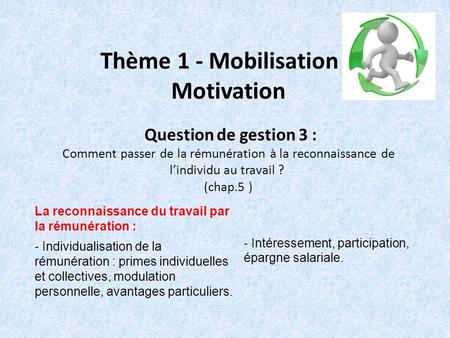 Thème 1 - Mobilisation / Motivation Question de gestion 3 : Comment passer de la rémunération à la reconnaissance de l’individu au travail ?  (chap.5.