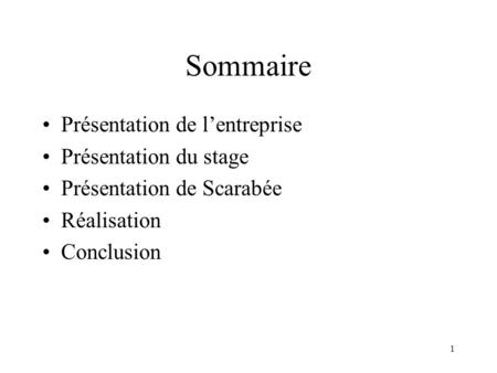 1 Sommaire Présentation de l’entreprise Présentation du stage Présentation de Scarabée Réalisation Conclusion.