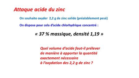 Attaque acide du zinc « 37 % massique, densité 1,19 »
