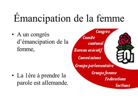 Émancipation de la femme A un congrès d’émancipation de la femme, La 1ère à prendre la parole est allemande.