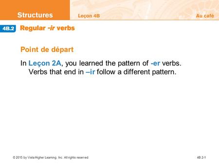 © 2015 by Vista Higher Learning, Inc. All rights reserved.4B.2-1 Point de départ In Leçon 2A, you learned the pattern of -er verbs. Verbs that end in –ir.