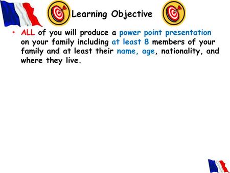 Learning Objective ALL of you will produce a power point presentation on your family including at least 8 members of your family and at least their name,