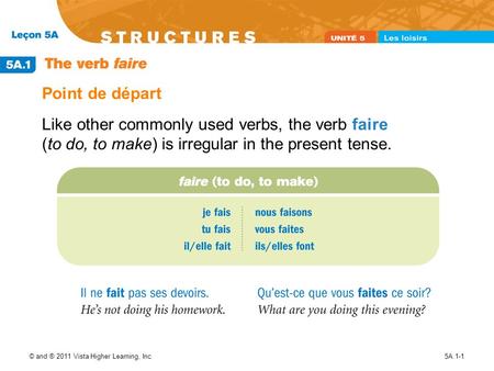 © and ® 2011 Vista Higher Learning, Inc.5A.1-1 Point de départ Like other commonly used verbs, the verb faire (to do, to make) is irregular in the present.