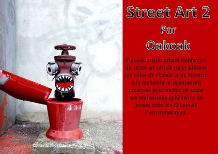 Street Art 2 Par Oakoak Oakoak artiste urbain stéphanois du street art (art de rues) sillonne les villes de France et de Navarre à la recherche d’inspirations.