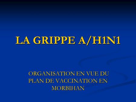 LA GRIPPE A/H1N1 ORGANISATION EN VUE DU PLAN DE VACCINATION EN MORBIHAN ORGANISATION EN VUE DU PLAN DE VACCINATION EN MORBIHAN.