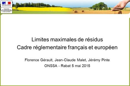 Limites maximales de résidus Cadre réglementaire français et européen Florence Gérault, Jean-Claude Malet, Jérémy Pinte ONSSA - Rabat 5 mai 2015.