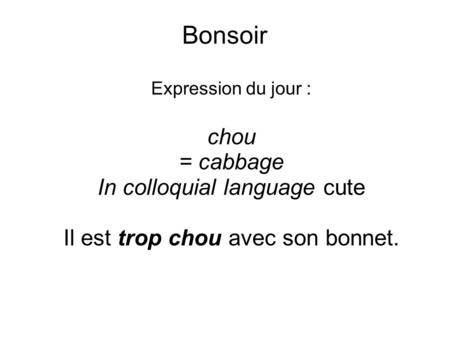 Bonsoir Expression du jour : chou = cabbage In colloquial language cute Il est trop chou avec son bonnet.