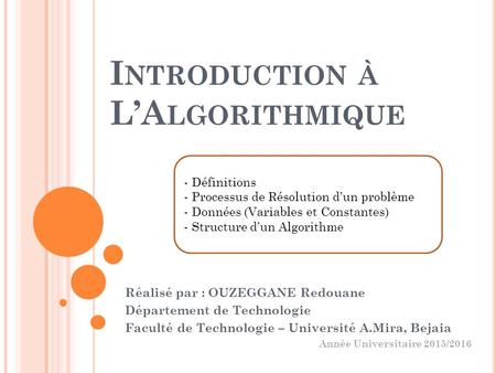 Introduction à L’Algorithmique