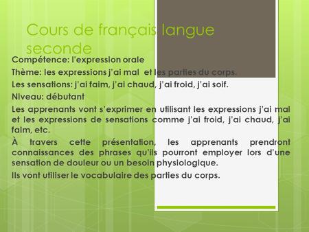 Cours de français langue seconde