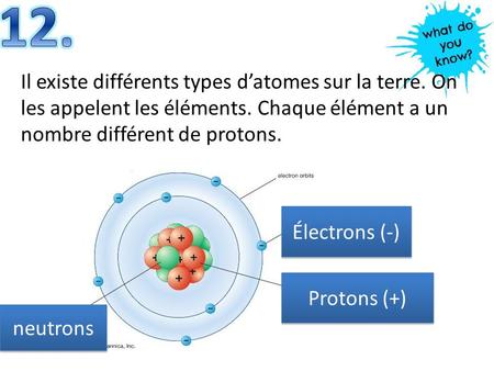 12. Il existe différents types d’atomes sur la terre. On les appelent les éléments. Chaque élément a un nombre différent de protons. Électrons (-) Protons.