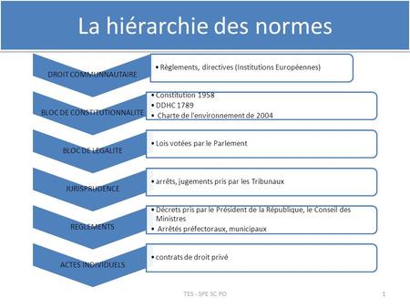 La hiérarchie des normes TES - SPE SC PO DROIT COMMUNNAUTAIRE Règlements, directives (Institutions Européennes) BLOC DE CONSTITUTIONNALITE Constitution.