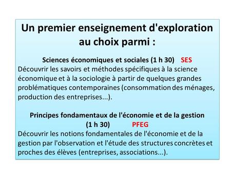 Un premier enseignement d'exploration au choix parmi : Sciences économiques et sociales (1 h 30) SES Découvrir les savoirs et méthodes spécifiques à la.