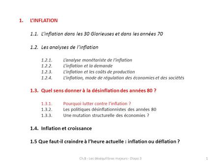 Ch.8 - Les déséquilibres majeurs - Diapo 31 1.L’INFLATION 1.1.L’inflation dans les 30 Glorieuses et dans les années 70 1.2.Les analyses de l’inflation.
