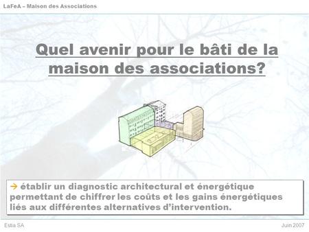 Estia SAJuin 2007 LaFeA – Maison des Associations [m 2 /a] Quel avenir pour le bâti de la maison des associations?  établir un diagnostic architectural.
