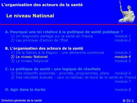 Direction générale de la santé A. Pourquoi une loi relative à la politique de santé publique ? 1) Un diagnostic partagé sur la santé en Francemodule 1.