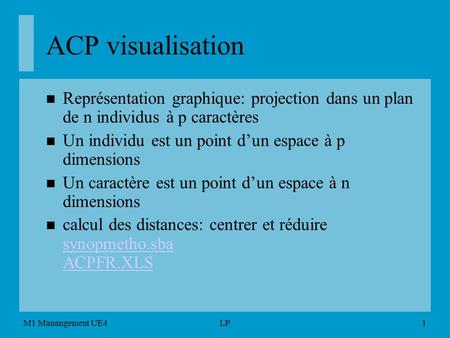 ACP visualisation Représentation graphique: projection dans un plan de n individus à p caractères Un individu est un point d’un espace à p dimensions.
