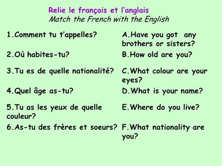 1.Comment tu t’appelles?A.Have you got any brothers or sisters? 2.Où habites-tu?B.How old are you? 3.Tu es de quelle nationalité?C.What colour are your.