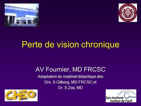 Perte de vision chronique AV Fournier, MD FRCSC Adaptation du matériel didactique des Drs. S Gilberg, MD FRCSC et Dr. S Ziai, MD.