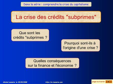 La crise des crédits subprimes Michel Lasserre le 25/05/2008 La crise des crédits subprimes Que sont les crédits subprimes ? Pourquoi sont-ils à l'origine.