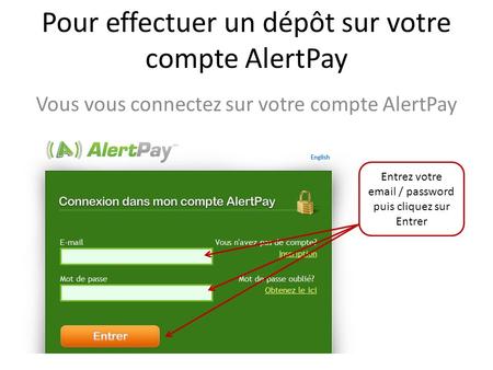 Pour effectuer un dépôt sur votre compte AlertPay Vous vous connectez sur votre compte AlertPay Entrez votre email / password puis cliquez sur Entrer.