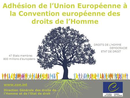 Www.coe.int 1 Adhésion de lUnion Européenne à la Convention européenne des droits de lHomme 800 millions deuropéens DEMOCRACIE DROITS DE LHOMME ETAT DE.
