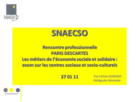 SNAECSO Rencontre professionnelle PARIS DESCARTES Les métiers de l’économie sociale et solidaire : zoom sur les centres sociaux et socio-culturels 27.