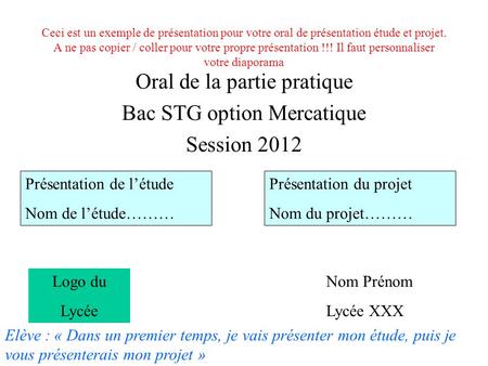 Oral de la partie pratique Bac STG option Mercatique Session 2012