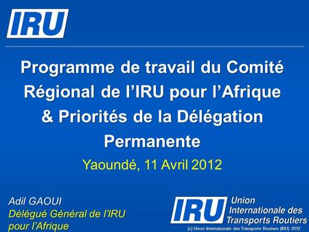 Programme de travail du Comité Régional de lIRU pour lAfrique & Priorités de la Délégation Permanente (c) Union Internationale des Transports Routiers.