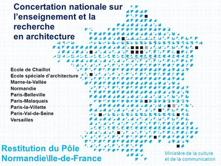 Concertation nationale sur lenseignement et la recherche en architecture Ministère de la culture et de la communication Restitution du Pôle Normandie\Ile-de-France.