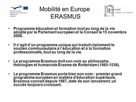 Mobilité en Europe ERASMUS