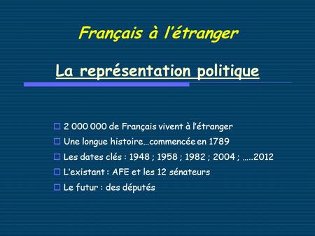 Français à létranger La représentation politique La représentation politique 2 000 000 de Français vivent à létranger Une longue histoire…commencée en.