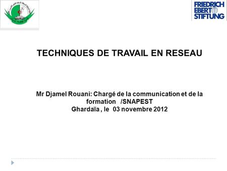 TECHNIQUES DE TRAVAIL EN RESEAU Mr Djamel Rouani: Chargé de la communication et de la formation /SNAPEST Ghardaïa, le 03 novembre 2012.