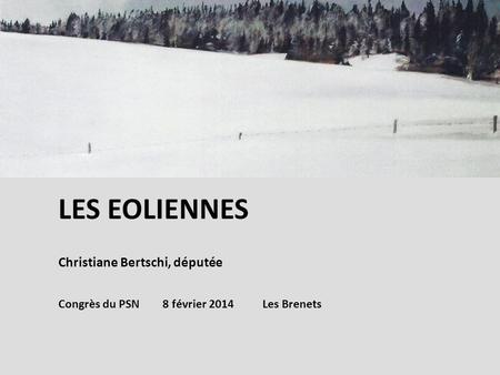 LES EOLIENNES Christiane Bertschi, députée Congrès du PSN 8 février 2014 Les Brenets.