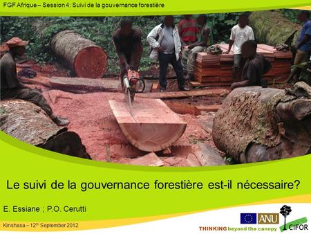 THINKING beyond the canopy Le suivi de la gouvernance forestière est-il nécessaire? Kinshasa – 12 th September 2012 E. Essiane ; P.O. Cerutti FGF Afrique.