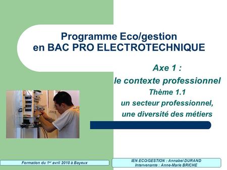Programme Eco/gestion en BAC PRO ELECTROTECHNIQUE