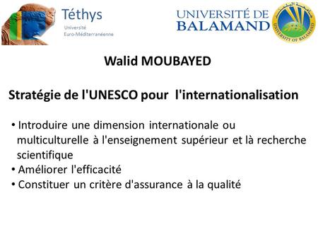 Téthys Université Euro-Méditerranéenne Walid MOUBAYED Stratégie de l'UNESCO pour l'internationalisation Introduire une dimension internationale ou multiculturelle.