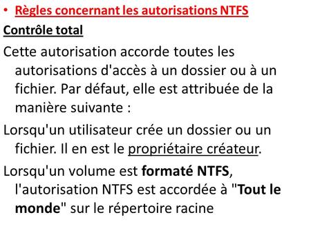 Règles concernant les autorisations NTFS