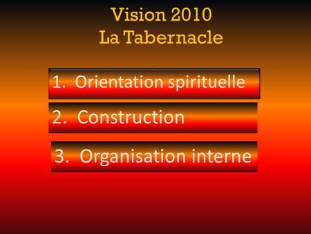 Vision 2010 La Tabernacle 3. Organisation interne 1. Orientation spirituelle 2. Construction.
