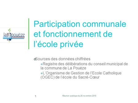 Réunion publique du 26 novembre 2010 1 Participation communale et fonctionnement de lécole privée Sources des données chiffrées Registre des délibérations.