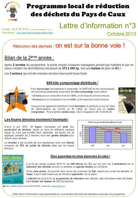Lettre dinformation n°3 Octobre 2013 Programme local de réduction des déchets du Pays de Caux Contact : 02 35 56 15 63 ou Site.
