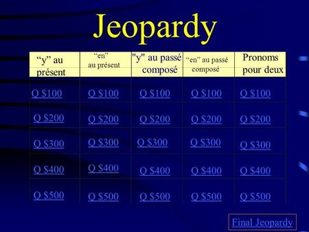 Jeopardy y au présent en au présent y au passé composé en au passé composé Pronoms pour deux Q $100 Q $200 Q $300 Q $400 Q $500 Q $100 Q $200 Q $300.