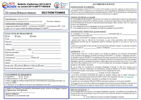 Bulletin d’adhésion ou année 2014 ASPTT ROUEN