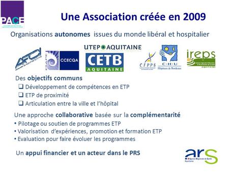 Des objectifs communs Développement de compétences en ETP ETP de proximité Articulation entre la ville et lhôpital Une Association créée en 2009 Organisations.