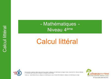 Calcul littéral - Mathématiques - Niveau 4ème