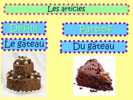 Les articles Défini Partitif Le gâteau Du gâteau.