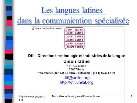 org Nouvelles technologies et Francophonie1 Dtil - Direction terminologie et industries de la langue Union latine 131, rue du Bac.