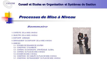 1- CONTEXTE DE LA MISE A NIVEAU 2- OBJECTIFS DE LA MISE A NIVEAU 3- DISPOSITIF JURIDIQUE 4- DEROULEMENT DU DISPOSITIF DE LA MISE A NIVEAU 5- ANNEXES 5.1-